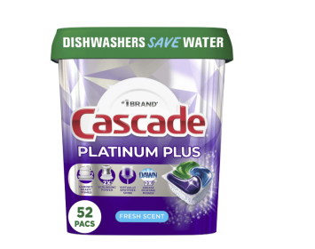 Cascade Platinum Plus Dishwasher Pods, Action Pacs Dishwasher Detergent Tabs, Fresh, 52 Count